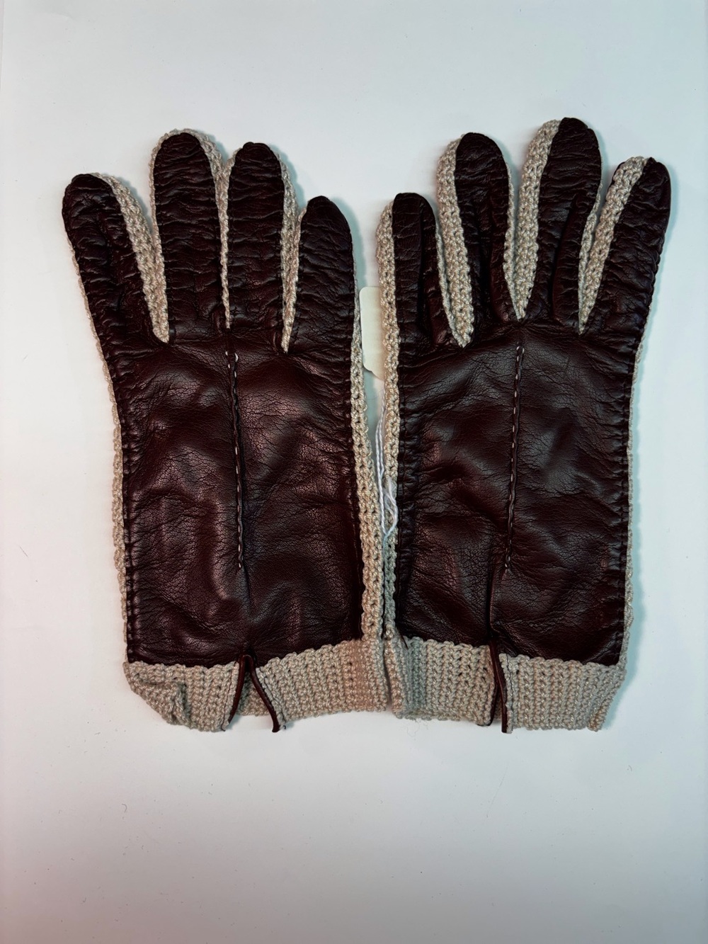 Women’s Dark Brown Leather Gloves with Beige Knit Trim